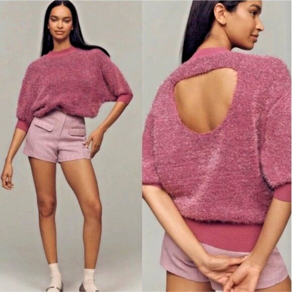 Anthropologie Sweaters - Anthropologie Maeve NWT Violetta Short Sleeve Open Back Sweater Pink Tinsel XL